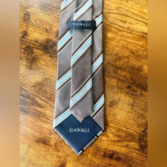 Canali Brown Tie with Blue and White Stripes - Picture 6 of 6